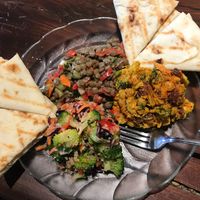 I chose 3 salads ($6) and added Naan ($2). All vegan, a lentil salad, a Thai salad and my favourite was the broccoli chickpea curry salad. The naan was nice and warm! All delicious at The Minga Cafe in Dunnville