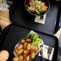 Lentil rolls & potatoes for me, quinoa bowl for my friend at Forky's - Trnava in Trnava