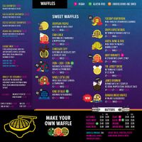 Colorful menu with clearly marked vegan items at Funk 'n Waffles in Rochester