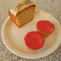 My take-away vegan pastry: one huge slice of cake and 2 roze koeken at Bairro Alto in Nijmegen