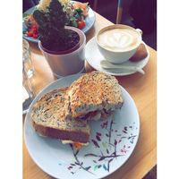 Toast sandwich with grilled veggies, hummus and chimichurri sauce. at Bairro Alto in Nijmegen