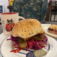 Vegan BBQ Tempeh with pickles 🥒 and cabbage 🥬 sandwich, AMAZING  at Happy Zoe Vegan Bakery in Brooklyn
