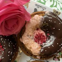 Vegan gluten free blossom cherry chocolate donuts   at Happy Zoe Vegan Bakery in Brooklyn