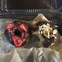 Strawberry and almond chocolate donuts at Happy Zoe Vegan Bakery in Brooklyn