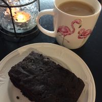 brownie and coffee with soy milk at Happy Zoe Vegan Bakery in Brooklyn