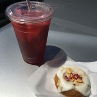 Hibiscus tea and pineapple donut at Happy Zoe Vegan Bakery in Brooklyn