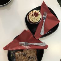 Banana bread and a red velvet cupcake   at Hillgate Cakery in Stockport