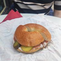 Cream cheese and salami bagel at Hillgate Cakery in Stockport