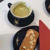 Biscoff blondie and matcha latte at Hillgate Cakery in Stockport