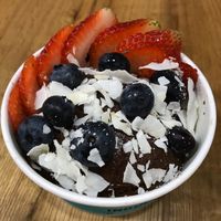 Vegan soft serve chocolate ice cream w toppings at Nekter Juice Bar in Vancouver