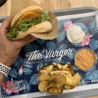 Aloha burger with fries and ranch sauce and chipotle sauce ! Soooooo yummy!!!! at The Vurger in Valencia