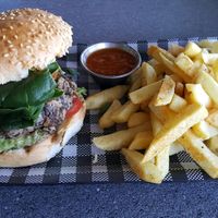Vegan burger - beautiful combination of flavours. Chips were delish too! at The Coffee Factory in Port Noarlunga