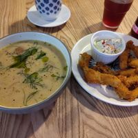 Soup and very delicious mushroom fried thingy at Kuchnia PoWolność in Poznan