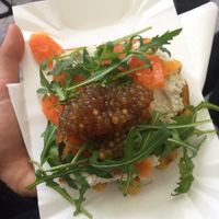 waffle with salmon carrot and caviar at Kuchnia PoWolność in Poznan