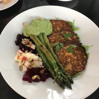 corn pancakes with asparagus  at Kuchnia PoWolność in Poznan