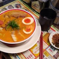One of the non vegan options with burned garlic on the side at Kyushu Jangara Ramen - Ginza in Tokyo