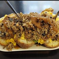 Vegan haggis with curry corn baked potato at The Baked Potato Shop in Edinburgh