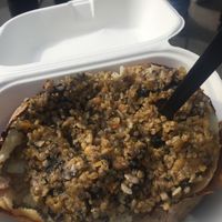 Delicious vegan haggis baked tattie at The Baked Potato Shop in Edinburgh