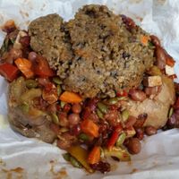 Large potato with three fillings at The Baked Potato Shop in Edinburgh