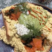 vegan salmon with tofu scramble and advocado and vegan cream cheese and it was amazing!!  at Plant B in Antwerpen