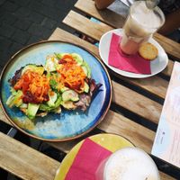 Latte, rainbow sandwiche, and chocolate milk at Plant B in Antwerpen