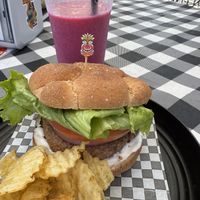 Pono Burger and Dragonfruit Smoothiee  at Herbivores in Kailua Kona