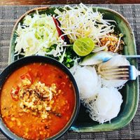Rice vermicelli with sprouts, cabbage and dried onion. Hot and spicy. Absolutely delicious at Goodsouls Kitchen in Chiang Mai