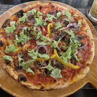 Godfather Pizza (shittake mushrooms, cashew cream, tomato, onion, greens, bell pepper, cashew mozzarella, tomato sauce), 260 baht  at Goodsouls Kitchen in Chiang Mai