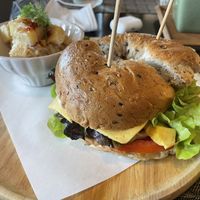 Whole wheat bagel sandwich with cheese and potato salad, 190 baht  at Goodsouls Kitchen in Chiang Mai