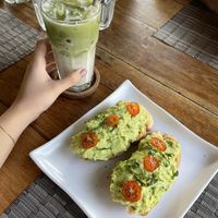 Matcha latte with almond milk & avocado toast  at Goodsouls Kitchen in Chiang Mai