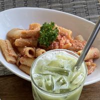 Match latte with almond milk & pasta   at Goodsouls Kitchen in Chiang Mai