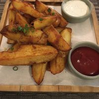 Chunky curry coated wedges with vegan mayo   at Goodsouls Kitchen in Chiang Mai