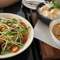 Tofu scramble; a spicy vermicelli tomato soup   at Goodsouls Kitchen in Chiang Mai