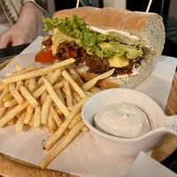 Philly cheese steak sandwich and fries   at Goodsouls Kitchen in Chiang Mai