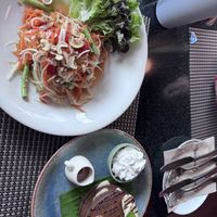Papaya salad and chocolate banana pancakes   at Goodsouls Kitchen in Chiang Mai