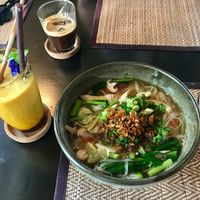 Breakfast noodle soup & mango lassis  at Goodsouls Kitchen in Chiang Mai