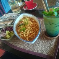 Chiang mai specialty noodles with passion fruit smoothie at Goodsouls Kitchen in Chiang Mai