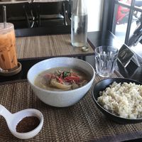 Massaman curry with Thai iced tea with coco milk at Goodsouls Kitchen in Chiang Mai