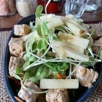 Tempeh salad... Tempeh is raw, has too much cucumber. Not my favorite at Goodsouls Kitchen in Chiang Mai