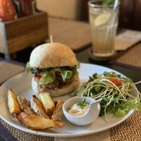 Quinoa burger with homemade curry fries   at Goodsouls Kitchen in Chiang Mai