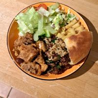 clockwise from salad: salad, coleslaw, mac no cheese, dumpling, seasoned rice w/ peas and spinach stew, SF jackfruit at Deserted Cactus in South East London