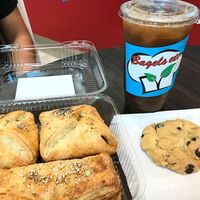 Vegan mexican chipotle bread, vegan sweet potato bread,  vegan cookie and ice coffee at Bagels Etc in Seattle