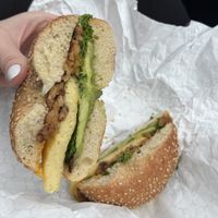 fakin egg & cheese bagel. added avo & kale (kale was no charge!)  at Grounded for Life Cafe in Clinton