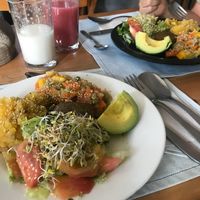 Meal of the day: salad, avocado, quinoa and mixed veggies, mashed potato with plantain and a little falafel patty. at El Arbol de la Vida - Maybe closed in Medellin