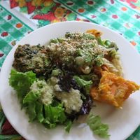 Menu of the day. Salad, pasta with broccoli and asparagus, some pie, and a delicious spinach croquet. at El Arbol de la Vida - Maybe closed in Medellin
