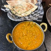 Yellow Lentil Dahl with garlic naan (no added oil).  Very good!!  at Shandhar Hut in Chilliwack