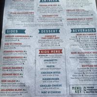 Menu with symbols for vegan, vegetarian, and gluten free  at The Social Bar + Kitchen in New London