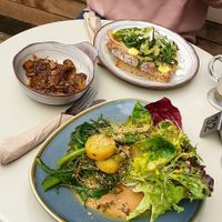 Potato and leaves salad (amazing), side of tamari mushrooms, bread with cabbage... delicious! at W6 Garden Centre Cafe in West London