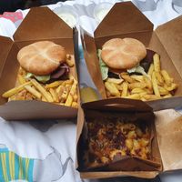 Just eat order - chicken and bacon burgers with mac and cheese at Eat Street in Belfast
