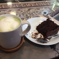 Matcha green latte and chocolate cake  at Eat Street in Belfast